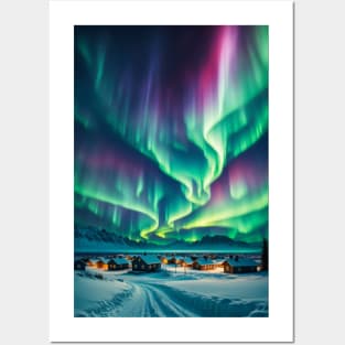Northern Lights Over A Mountain Village Posters and Art